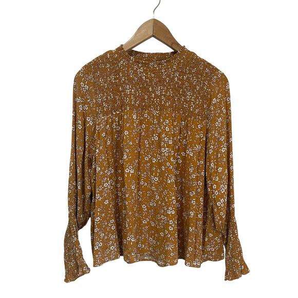 THML Mustard Smocked Floral Blouse Ruffle Sleeve Boho Chic Top Size Medium - Picture 2 of 10